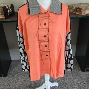 Orange Button-Up Shirt with Polka Dot Sleeves